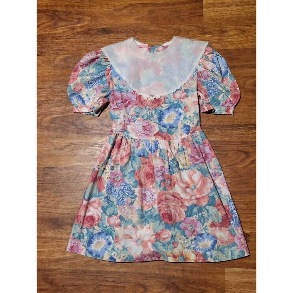 Vintage Picture Perfect Floral Lace 80s Puff Sleeve Large Collars Dress‎ Size 12